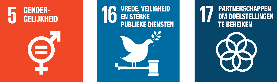  Logo's van SDG 5 Gendergelijkheid, SDG 16 Vrede, veiligheid en sterke publieke diensten en SDG 17 Partnerschappen om doelstellingen te bereiken. 